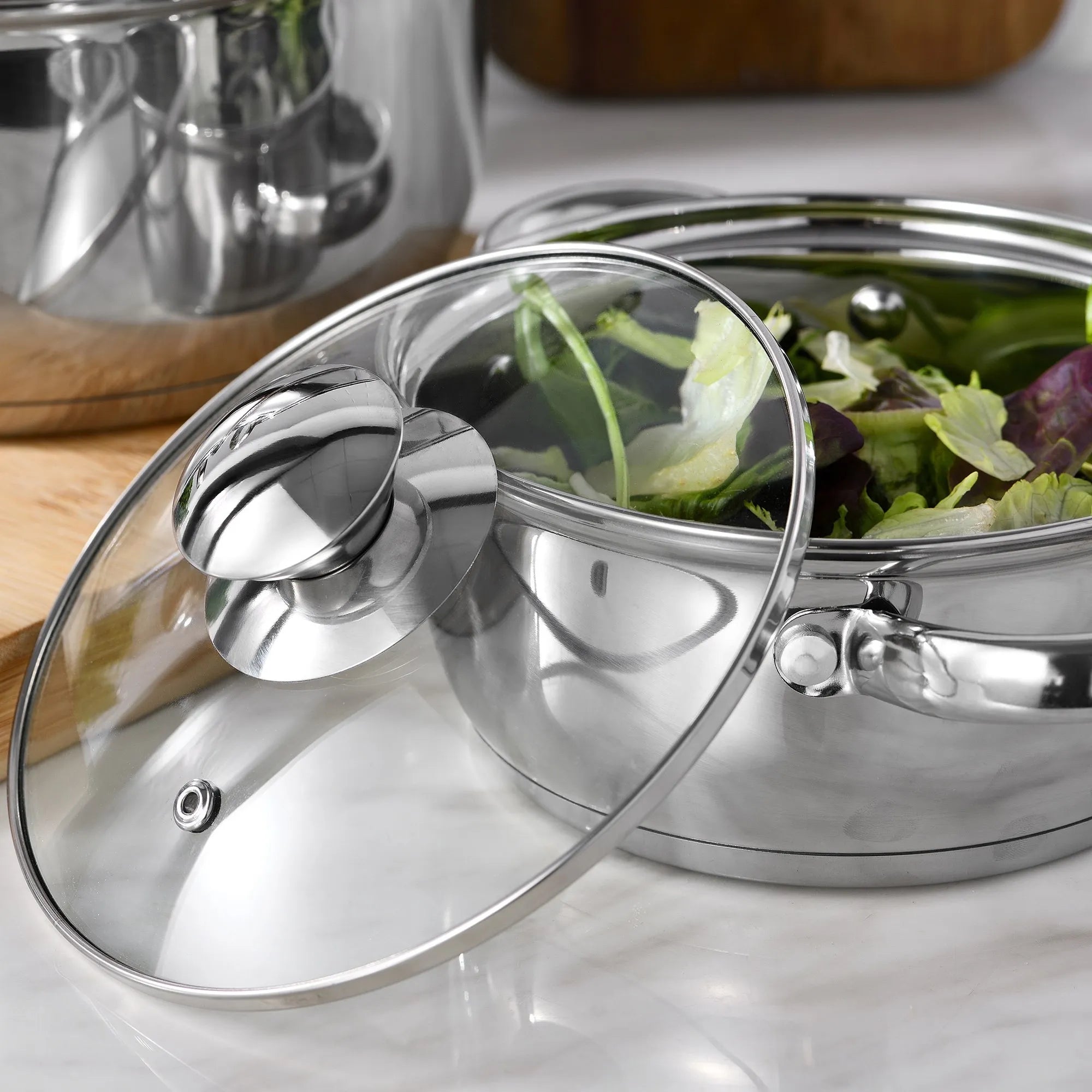 7-piece cookware set made of stainless steel, suitable for all types of hobs + Set of 3 kitchen utensils in silicone and wood l'atelier des ustensiles