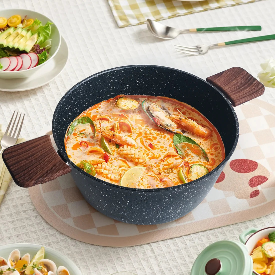 Marmite à soupe universelle en aluminium antiadhésive avec couvercle, grandes casseroles avec manche en bois pour cuisinière à gaz, ustensiles de cuisine ménagers l'atelier des ustensiles