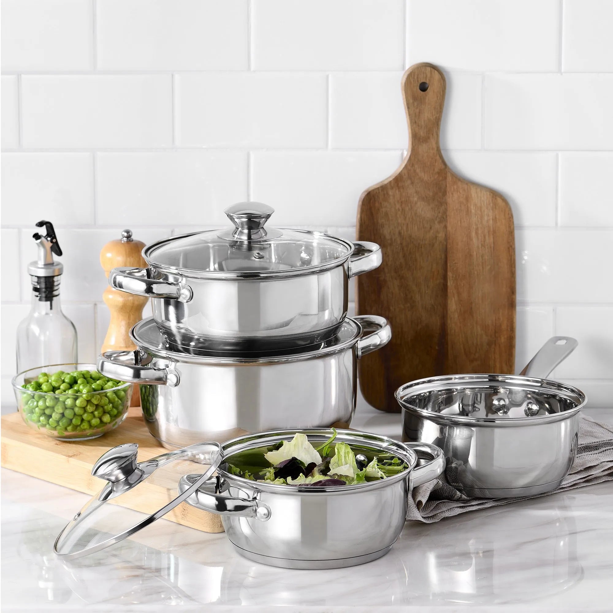 7-piece cookware set made of stainless steel, suitable for all types of hobs + Set of 3 kitchen utensils in silicone and wood l'atelier des ustensiles