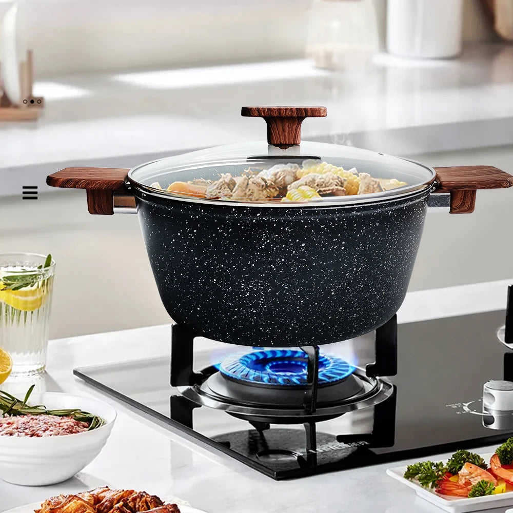 Marmite à soupe universelle en aluminium antiadhésive avec couvercle, grandes casseroles avec manche en bois pour cuisinière à gaz, ustensiles de cuisine ménagers l'atelier des ustensiles