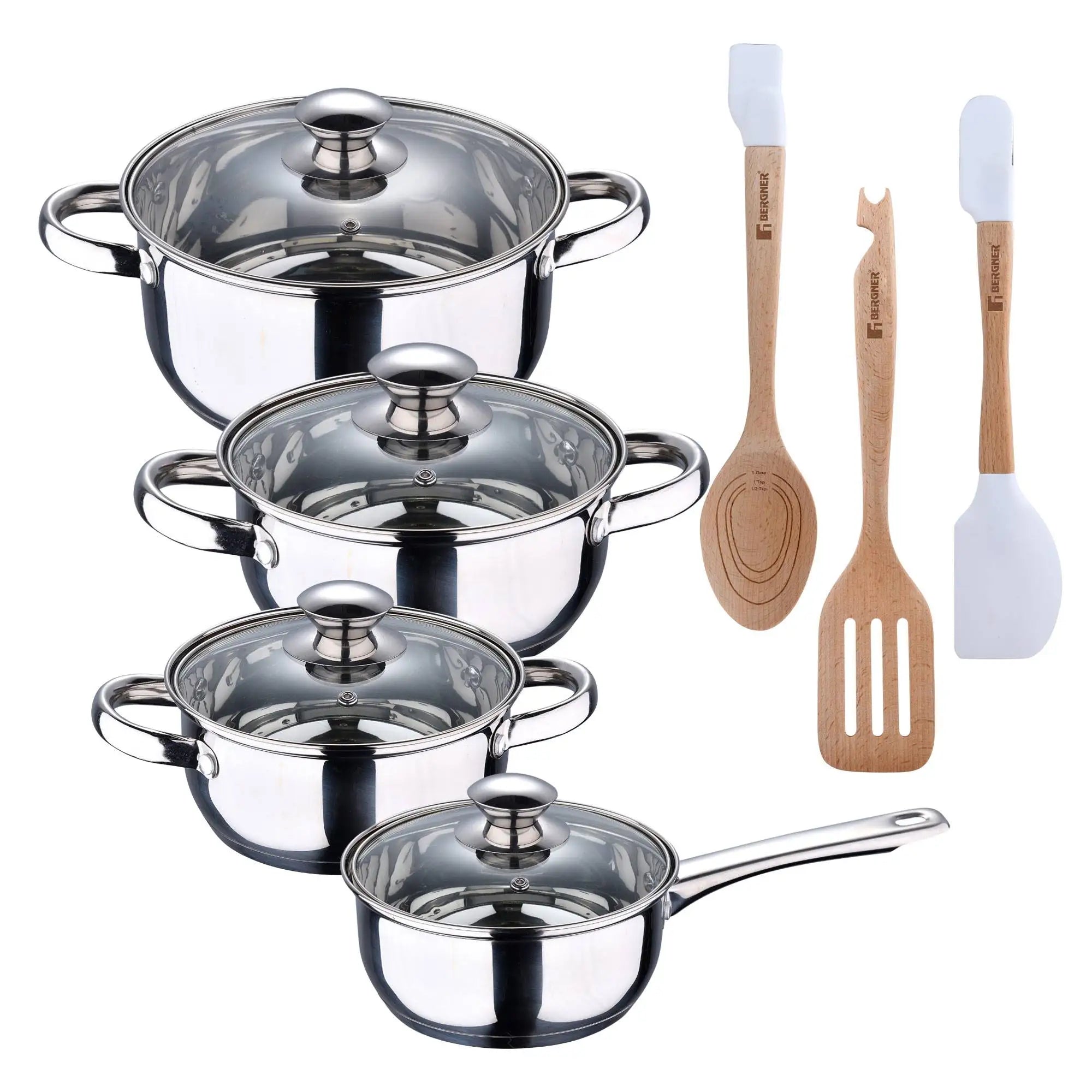 7-piece cookware set made of stainless steel, suitable for all types of hobs + Set of 3 kitchen utensils in silicone and wood l'atelier des ustensiles