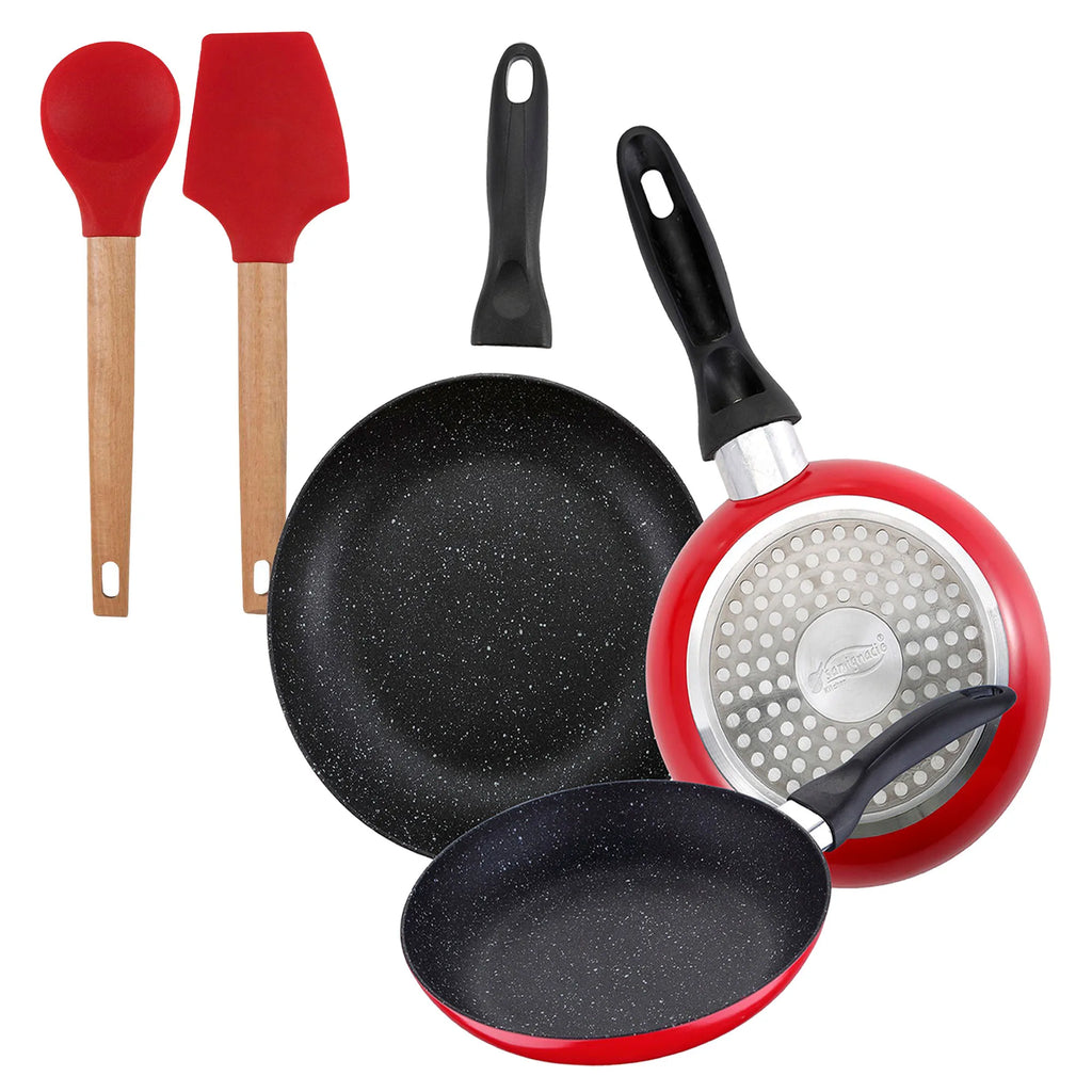 Set of 3 San Ignacio frying pans with marble coating 16 cm 20 cm 24 cm + Set of 2 silicone kitchen utensils l'atelier des ustensiles