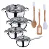 7-piece cookware set made of stainless steel, suitable for all types of hobs + Set of 3 kitchen utensils in silicone and wood l'atelier des ustensiles