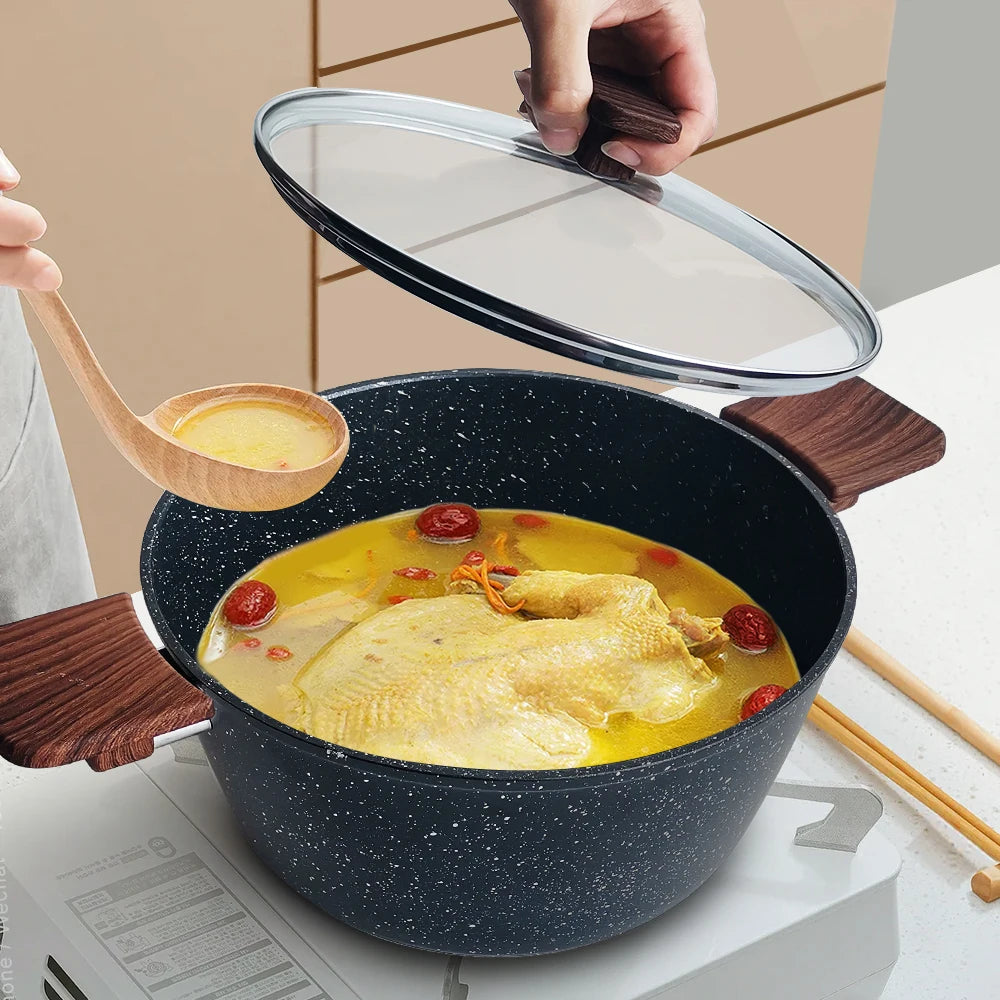 Marmite à soupe universelle en aluminium antiadhésive avec couvercle, grandes casseroles avec manche en bois pour cuisinière à gaz, ustensiles de cuisine ménagers l'atelier des ustensiles