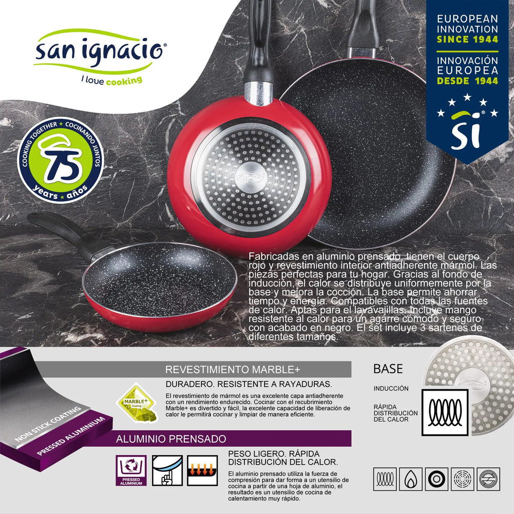 Set of 3 San Ignacio frying pans with marble coating 16 cm 20 cm 24 cm + Set of 2 silicone kitchen utensils l'atelier des ustensiles