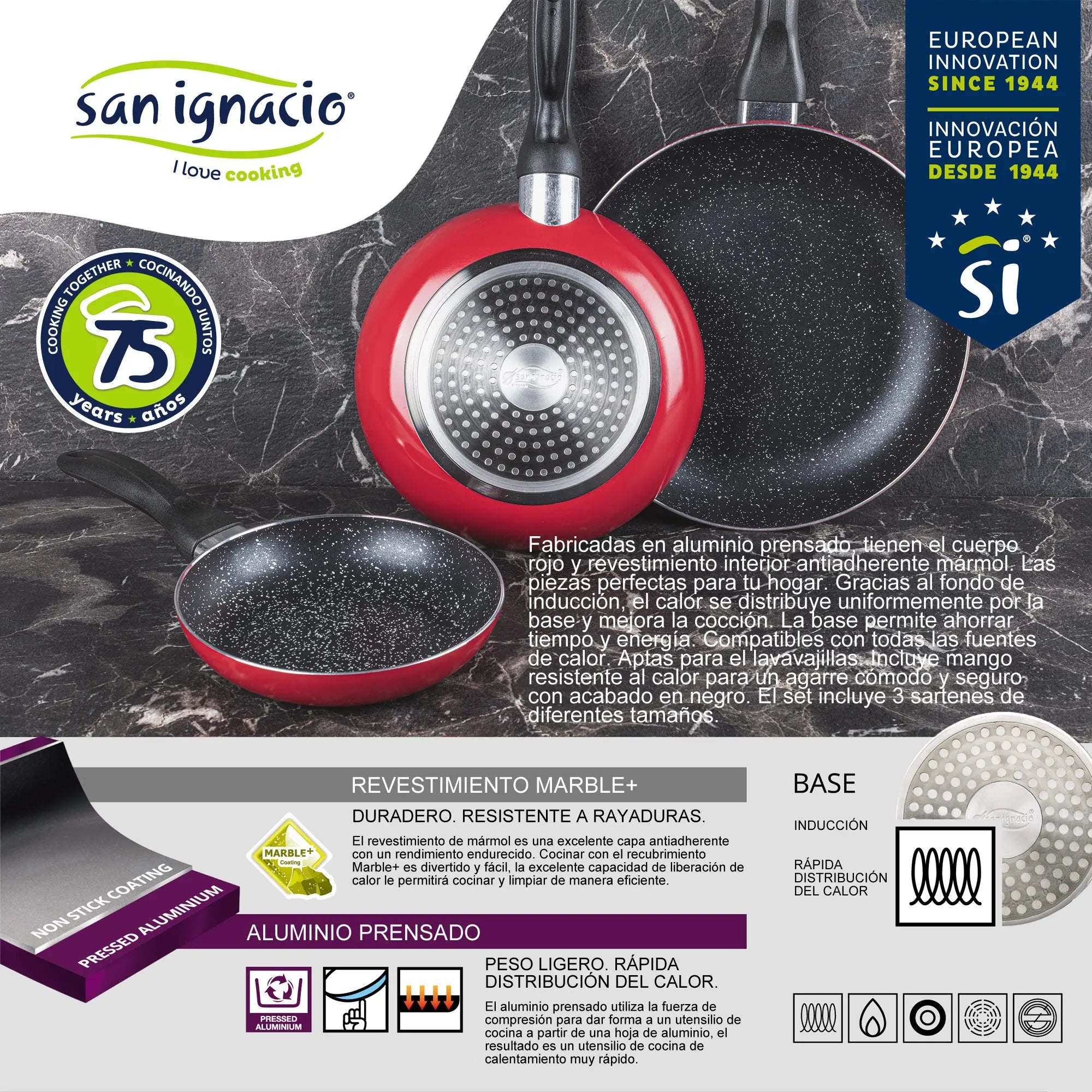 Set of 3 San Ignacio frying pans with marble coating 16 cm 20 cm 24 cm + Set of 2 silicone kitchen utensils l'atelier des ustensiles