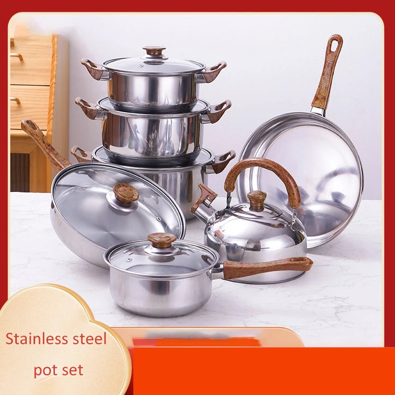 12-Piece Silver Stainless Steel Cookware Sets Wood Grain Handle Kettle Pot Combination Stockpot Frying Pan High Mirror Polish l'atelier des ustensiles