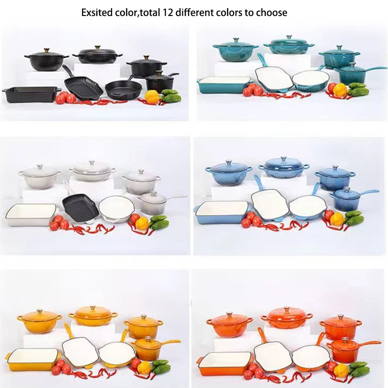 Customized 7-Piece Cast Iron Cookware Set Red Enamel Coated Kitchen Casserole Pot Durable Minimalist Metal Design Low MOQ l'atelier des ustensiles