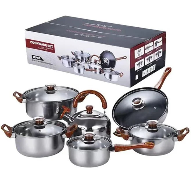 12-Piece Silver Stainless Steel Cookware Sets Wood Grain Handle Kettle Pot Combination Stockpot Frying Pan High Mirror Polish l'atelier des ustensiles