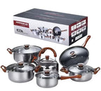 12-Piece Silver Stainless Steel Cookware Sets Wood Grain Handle Kettle Pot Combination Stockpot Frying Pan High Mirror Polish l'atelier des ustensiles