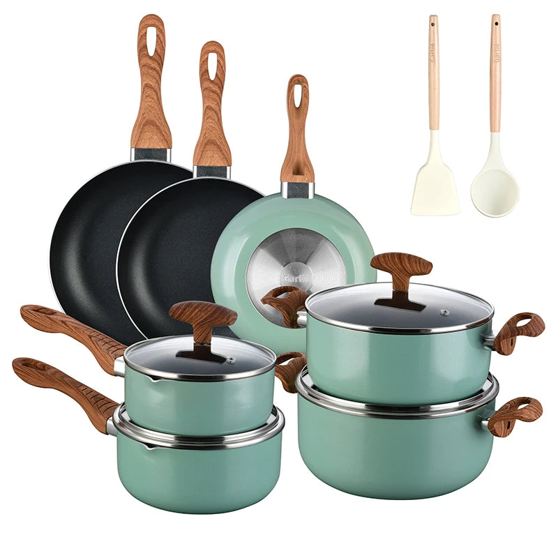 Modern Green Metal Cookware Set Sustainable Aluminum and Cast Aluminum Kitchen Utensils for Home Use for Steam Cooking l'atelier des ustensiles