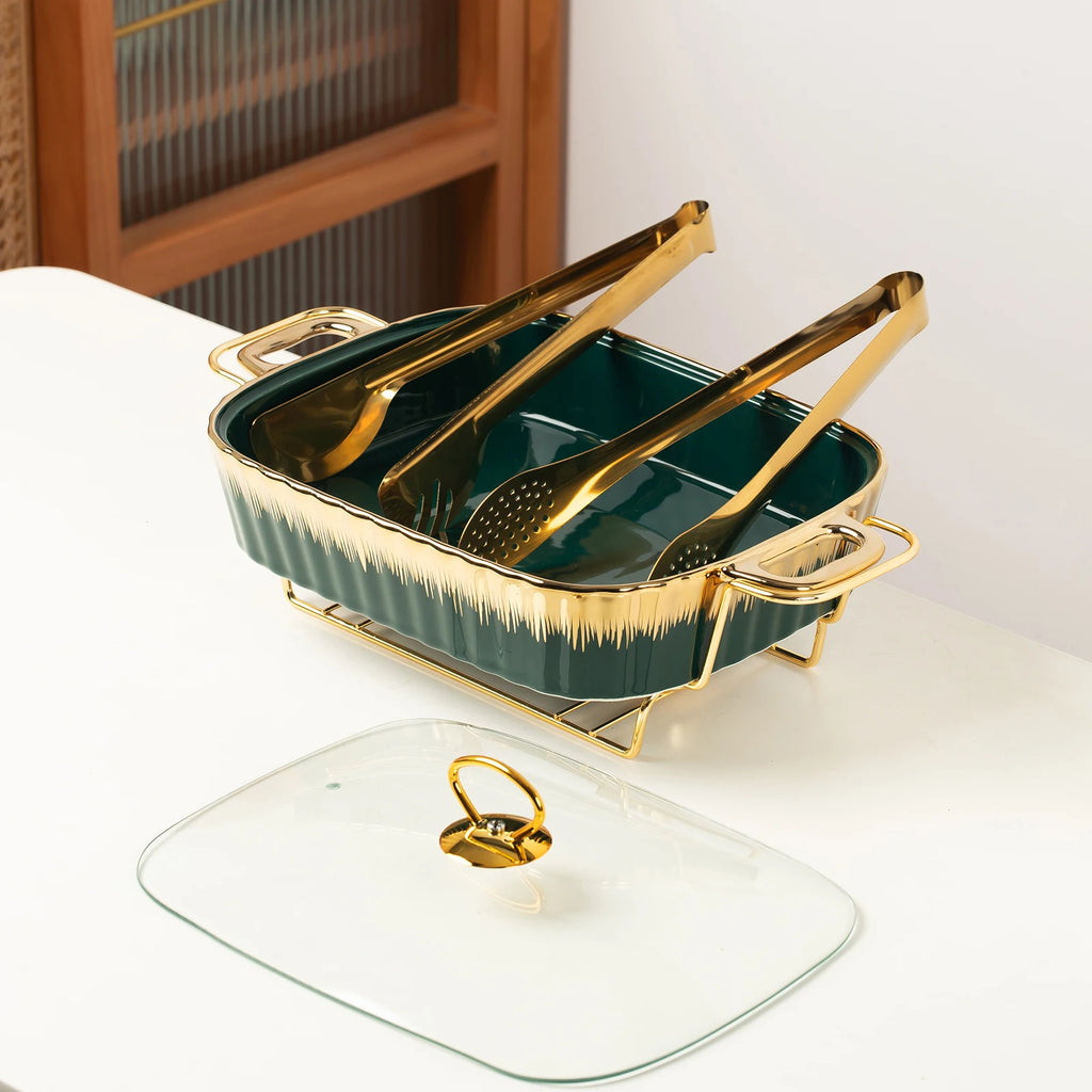 US Warehouse Rectangular Ceramic Casserole Warming Trays Gold Plating Serving Dishes for Buffet Weddings Drop Shipping l'atelier des ustensiles