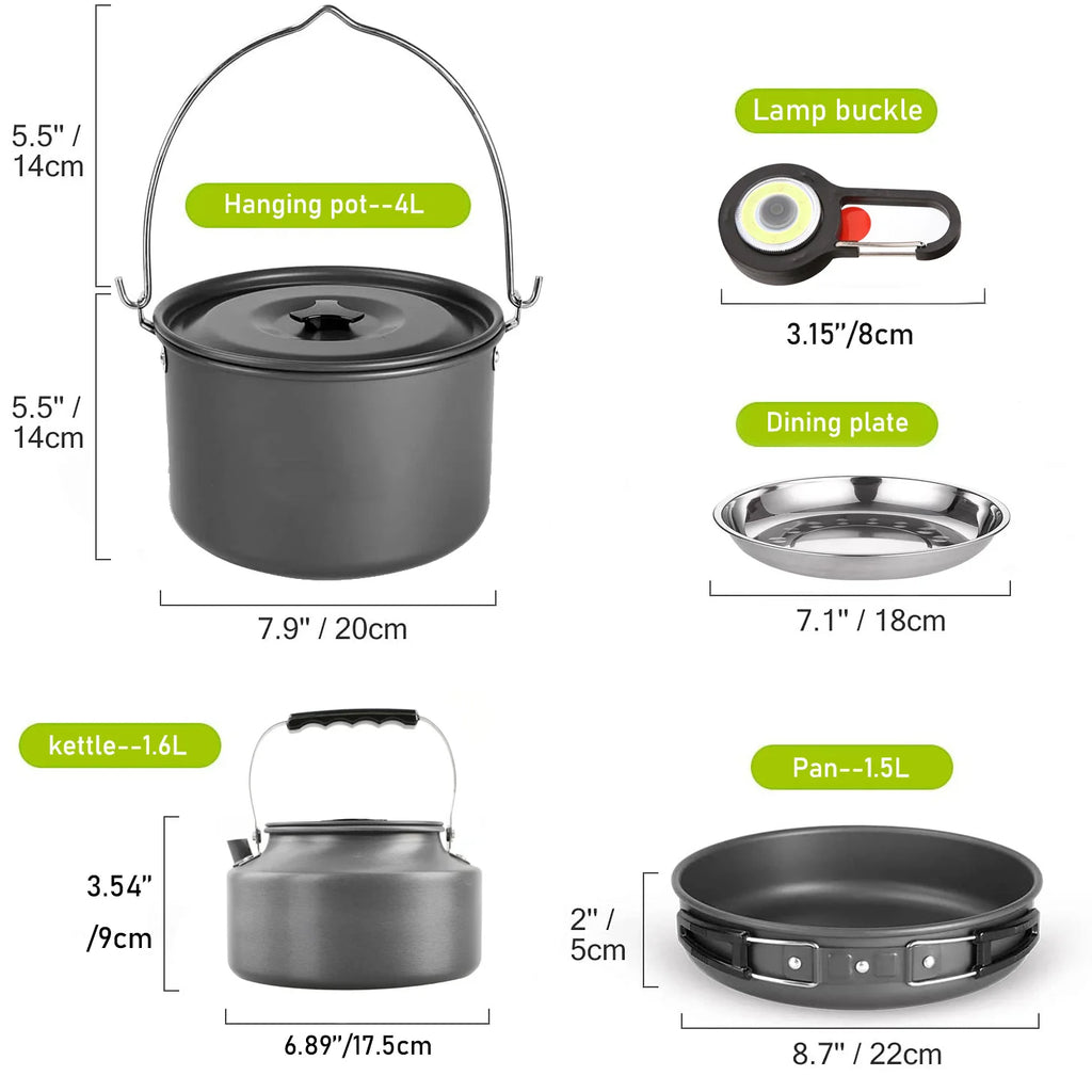 Lightweight Portable and Complete Aluminum Camping Set Multi-Use Cookware with Frying Pan, Kettle, and Utensils for Hiking l'atelier des ustensiles