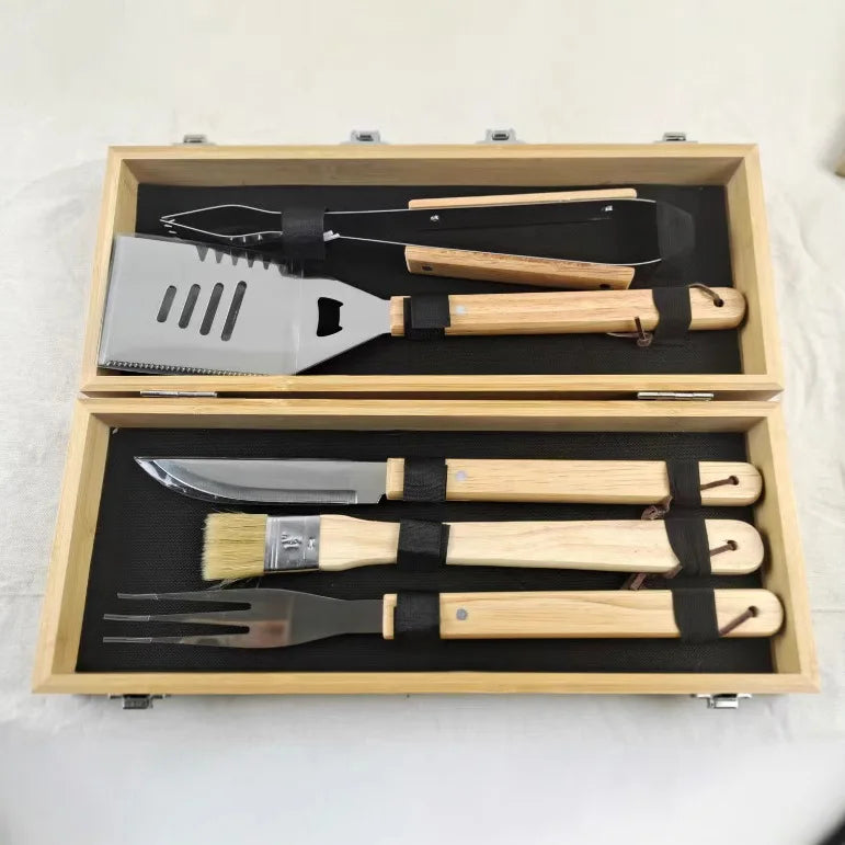 Wood Handle BBQ Tools Kit Set Barbecue Grilling Accessories Utensils Portable Bamboo Carrying Box Case for Outdoor Camping l'atelier des ustensiles