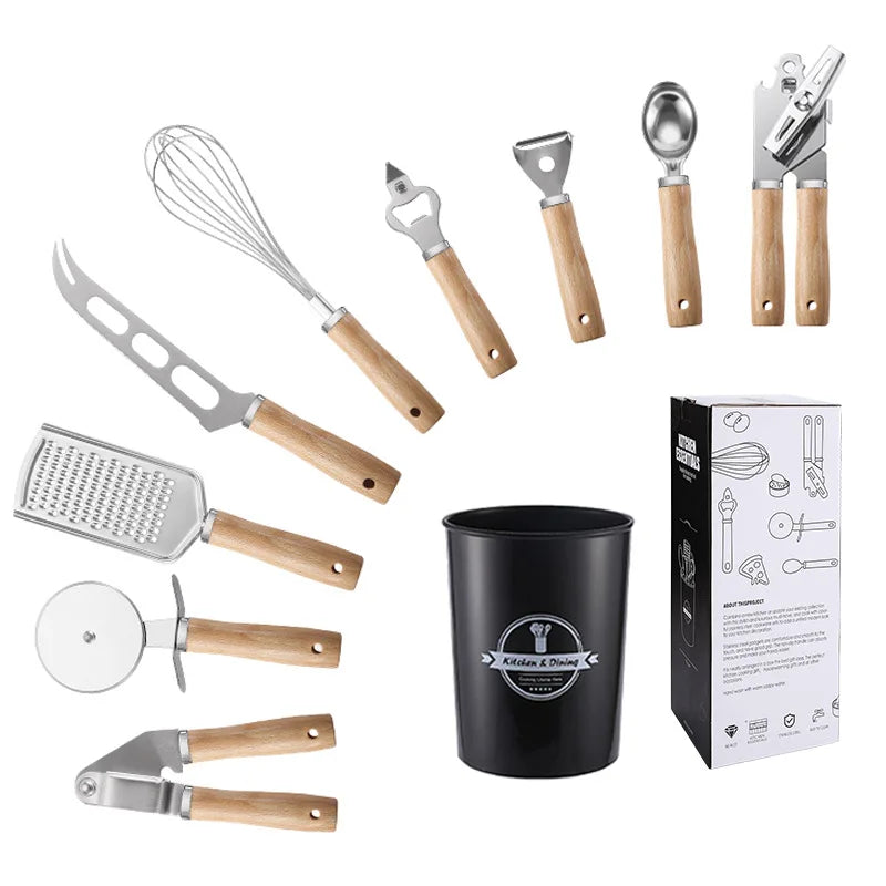 Creative 9-Piece Stainless Steel Wooden Handle Kitchen Gadget Set Egg Beater Garlic Press Can Opener Baking Utensils (Food Safe) l'atelier des ustensiles
