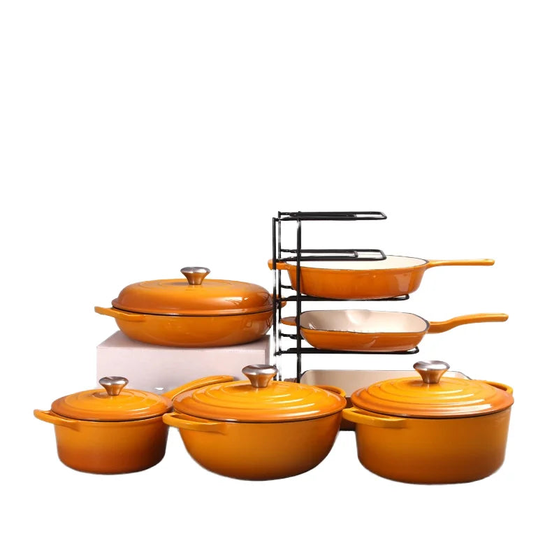 Custom Pre-seasoned Non-Stick Cast Iron Enamel 7-Piece Europe Design Gas Induction Ready Oven Safe Cooking Pots Casserole Set l'atelier des ustensiles