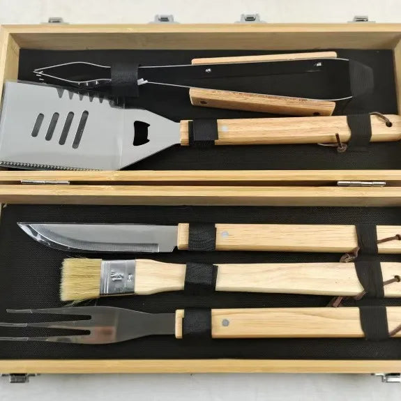 Wood Handle BBQ Tools Kit Set Barbecue Grilling Accessories Utensils Portable Bamboo Carrying Box Case for Outdoor Camping l'atelier des ustensiles