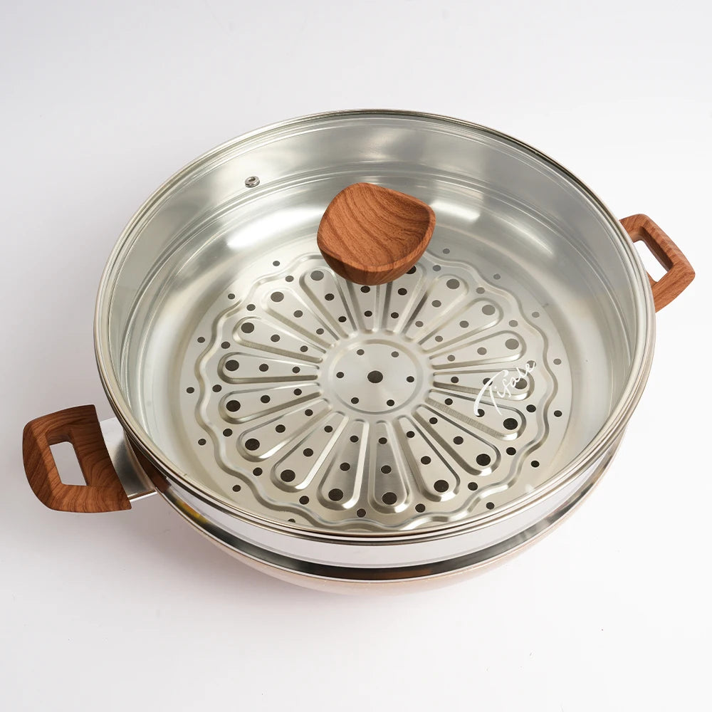 Aluminum Non-stick Deep Fry Pan Wok Casserole Marble Coating with Steamer Glass Lid Multi-functional Induction Base Cooking Pot l'atelier des ustensiles