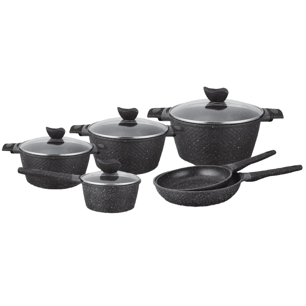 BOREINE Beige Marble Modern 10-Piece Kitchen Cookware Set Glass Cover Casserole Aluminium Deep Fry Pan  Eco-Friendly Non-Stick l'atelier des ustensiles