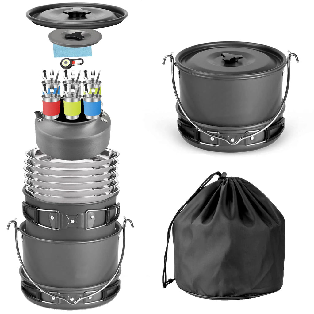 Lightweight Portable and Complete Aluminum Camping Set Multi-Use Cookware with Frying Pan, Kettle, and Utensils for Hiking l'atelier des ustensiles