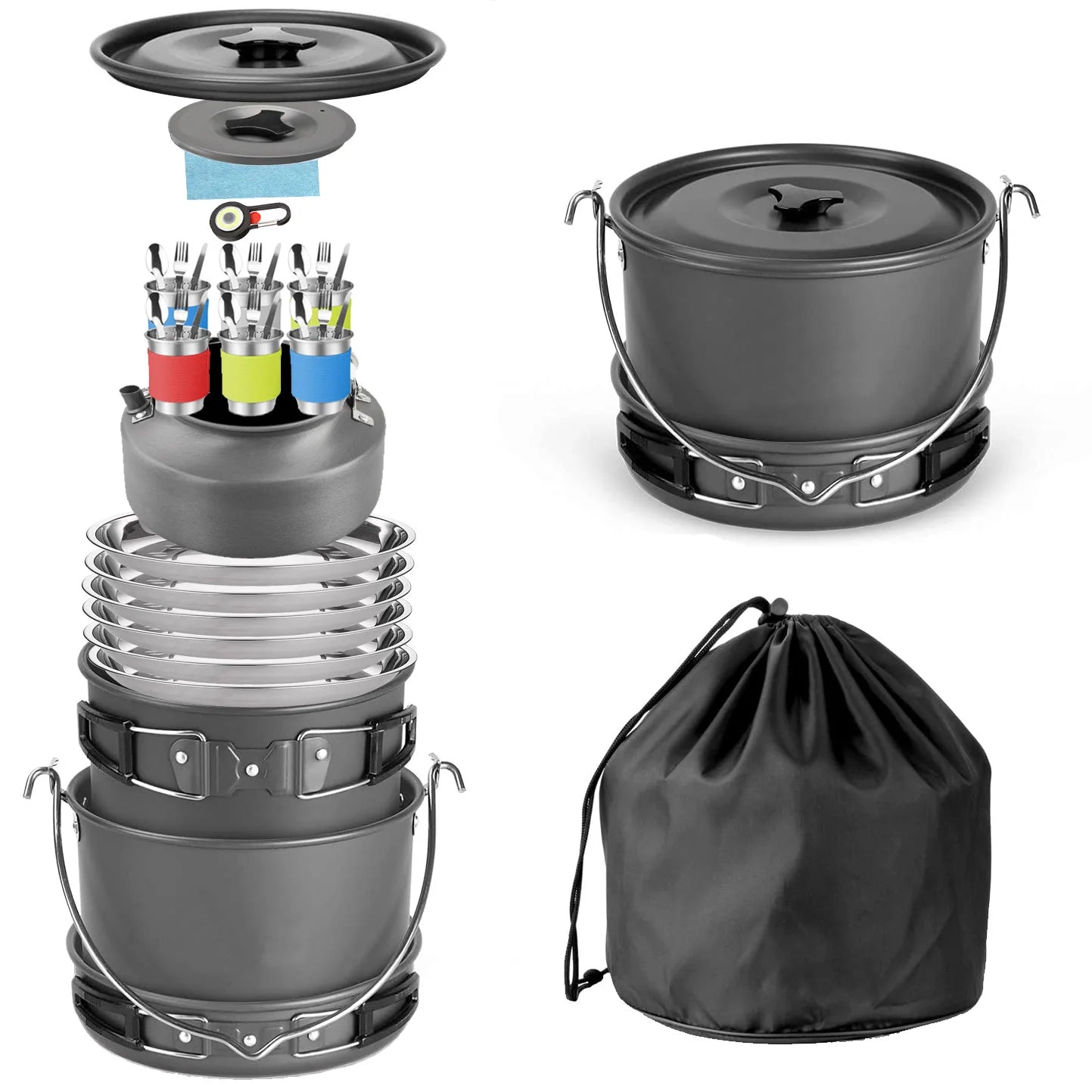 Lightweight Portable and Complete Aluminum Camping Set Multi-Use Cookware with Frying Pan, Kettle, and Utensils for Hiking l'atelier des ustensiles