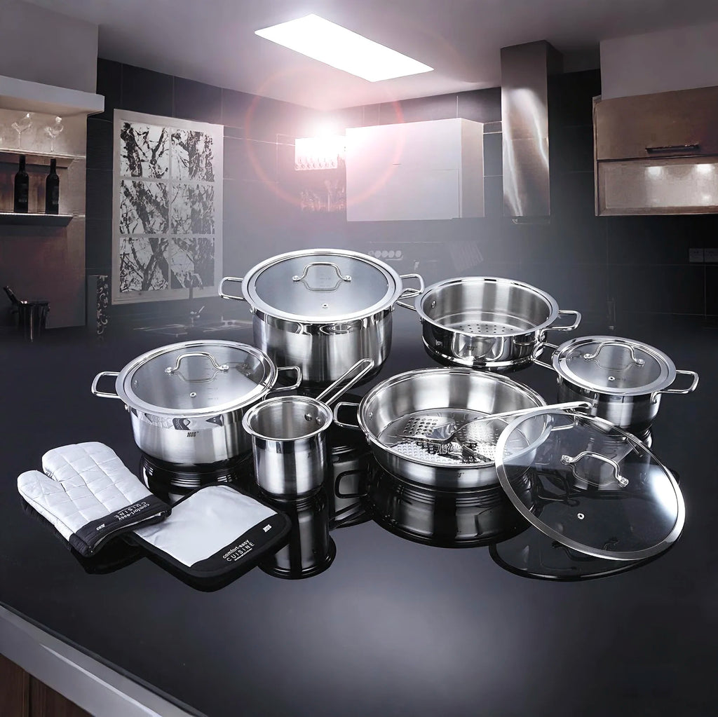 10pcs Stainless Steel Induction Cookware Set Multi-Layer Base Dishwasher Safe Durable Eco-Friendly Glass Lid Utensils Mitts Gift l'atelier des ustensiles