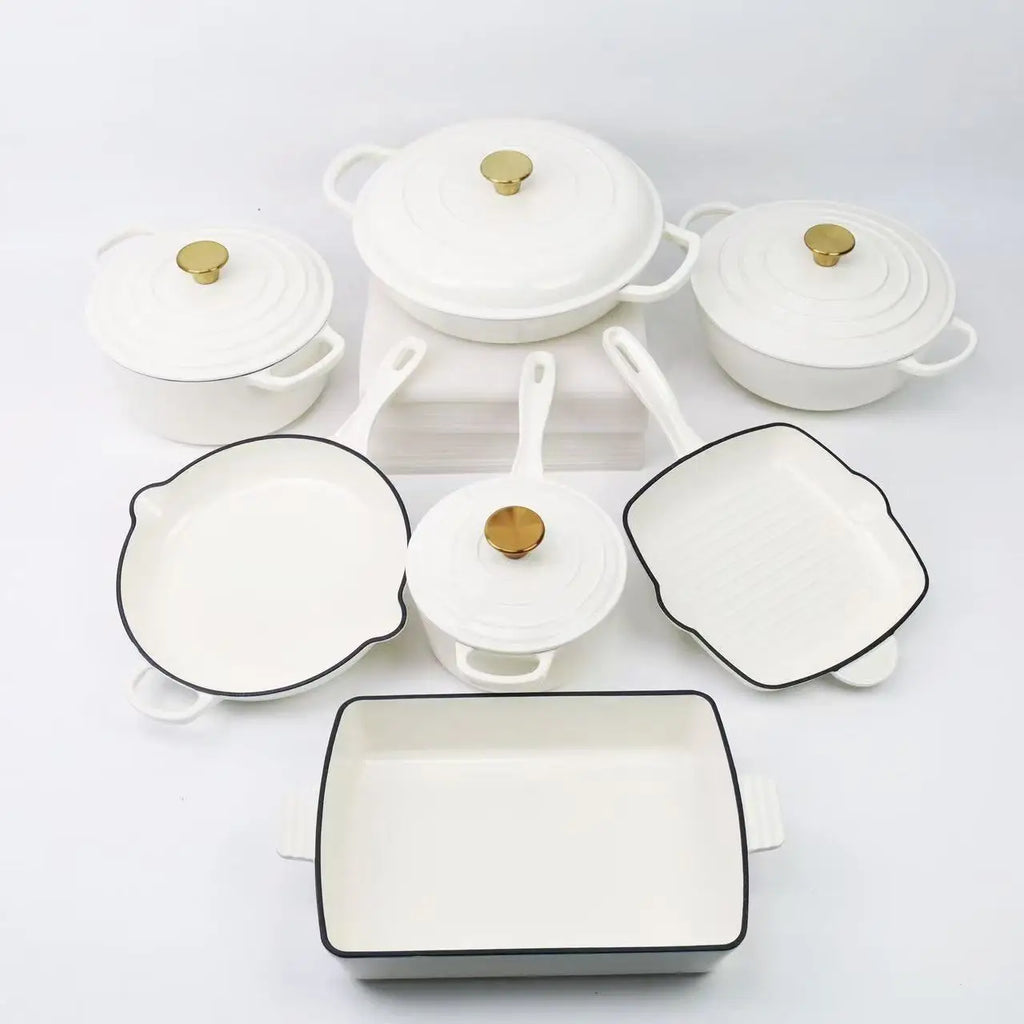 Customized 7-Piece Cast Iron Cookware Set Red Enamel Coated Kitchen Casserole Pot Durable Minimalist Metal Design Low MOQ l'atelier des ustensiles