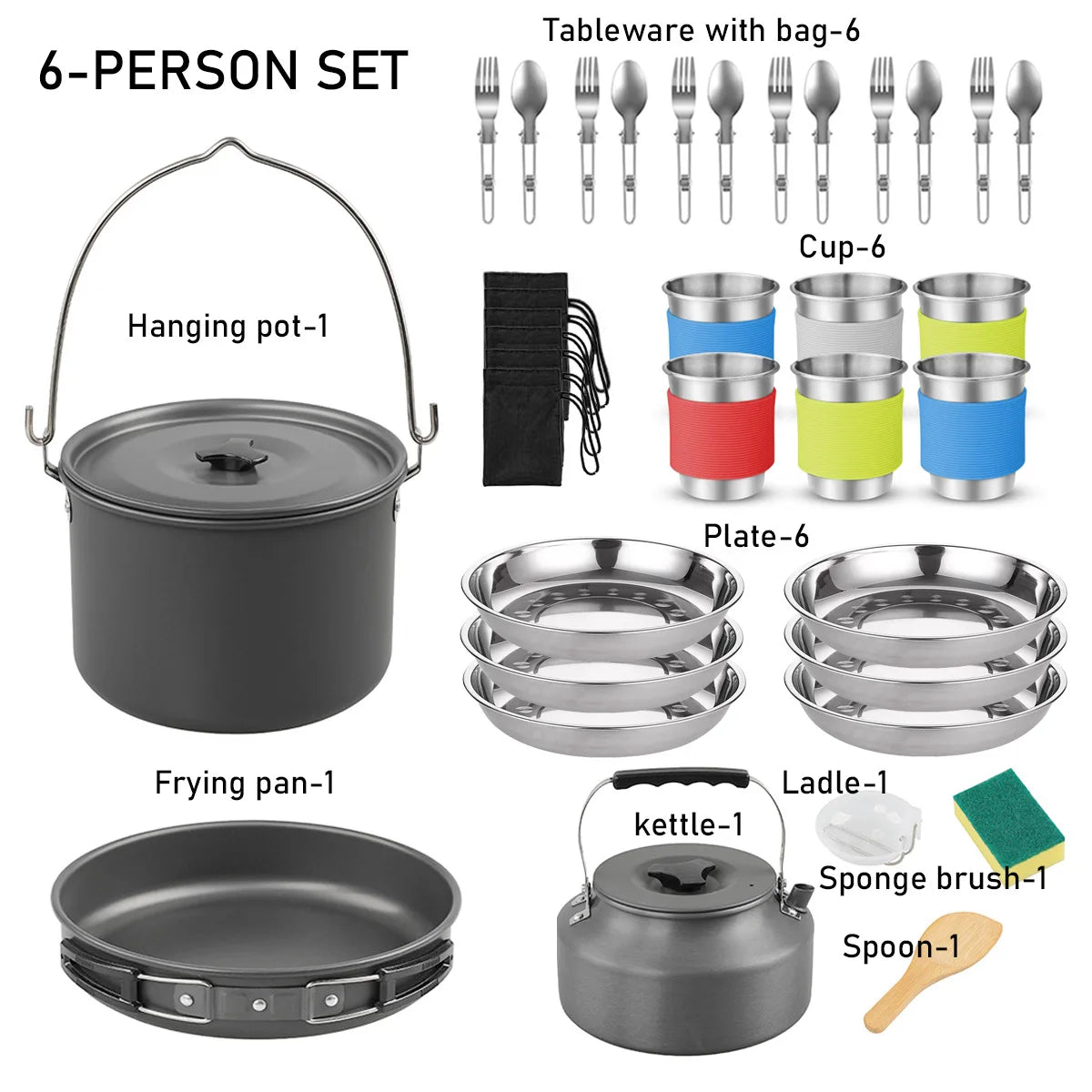 Lightweight Portable and Complete Aluminum Camping Set Multi-Use Cookware with Frying Pan, Kettle, and Utensils for Hiking l'atelier des ustensiles
