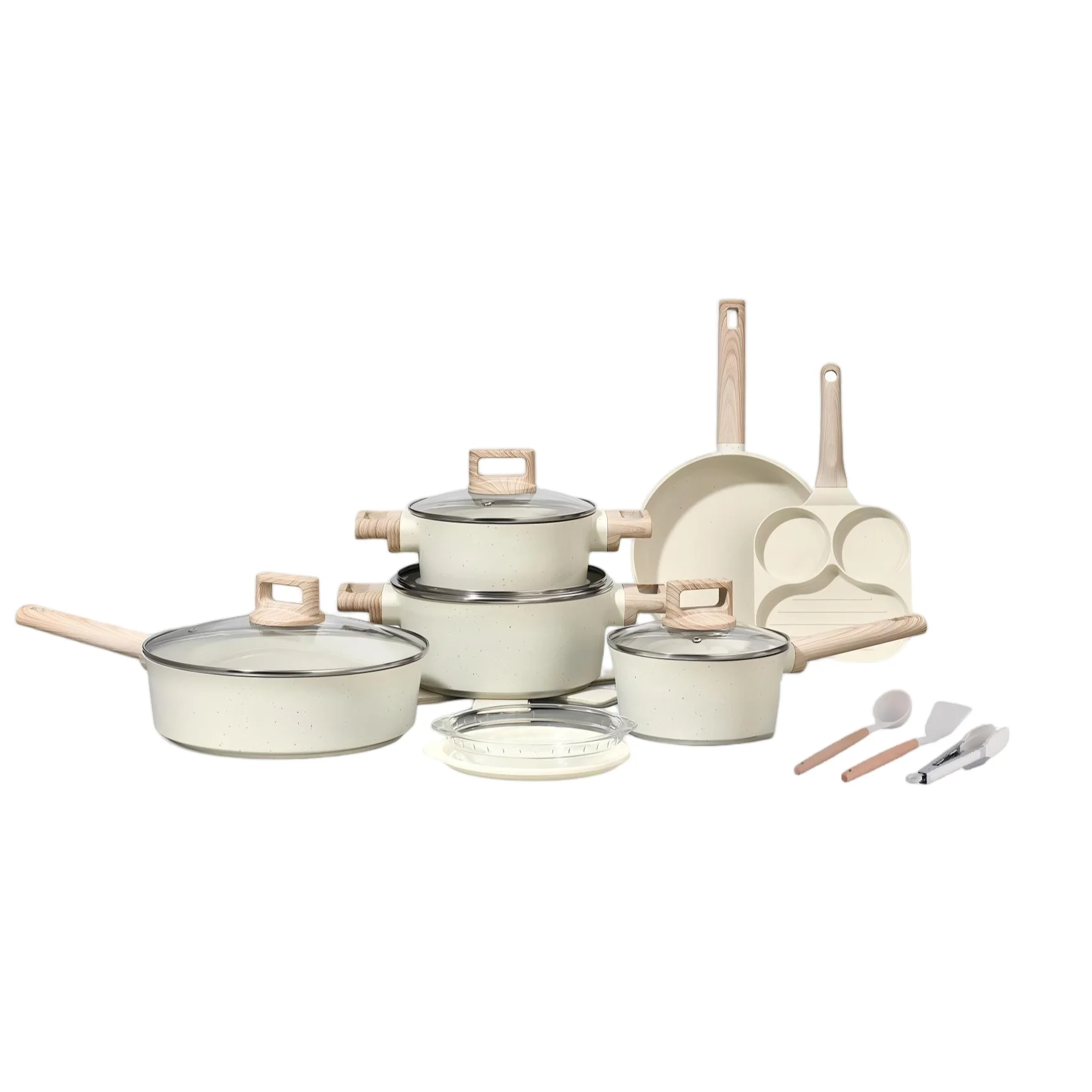 BOREINE Modern Healthy Quality Aluminum Non-Stick Cookware Set Glass Lid Wood Handle Oven Safe Durable for Home Kitchen l'atelier des ustensiles