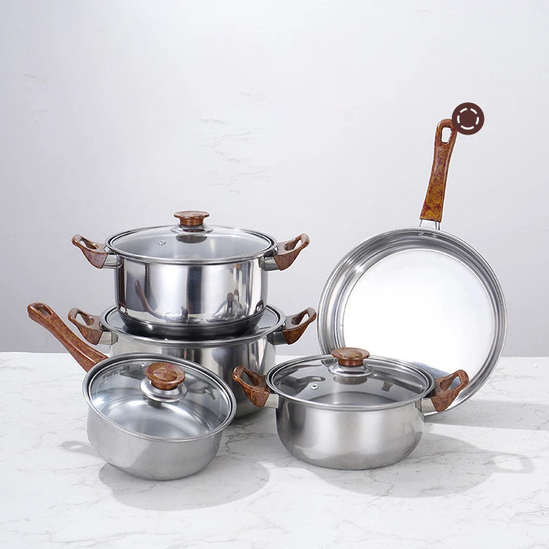 12-Piece Silver Stainless Steel Cookware Sets Wood Grain Handle Kettle Pot Combination Stockpot Frying Pan High Mirror Polish l'atelier des ustensiles