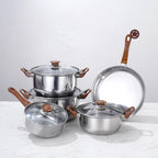 12-Piece Silver Stainless Steel Cookware Sets Wood Grain Handle Kettle Pot Combination Stockpot Frying Pan High Mirror Polish l'atelier des ustensiles