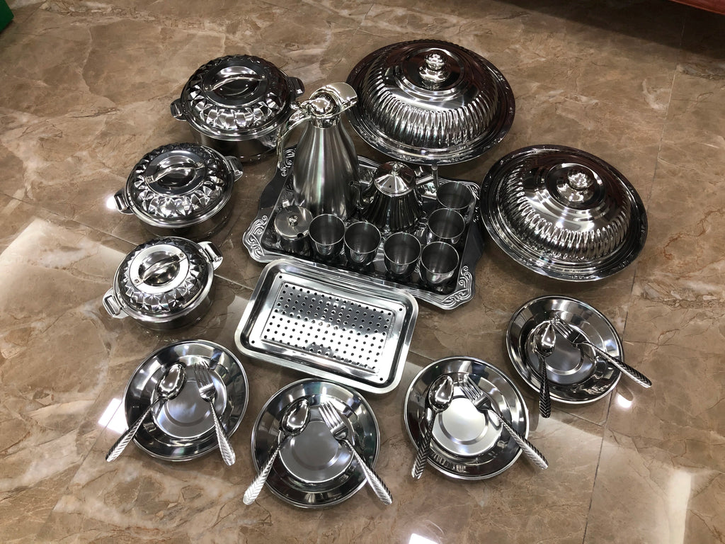 Popular Africa Kitchen Stainless Steel Cookware Set Food Warmer Container Casserole 28pcs Pot Set With Water Jug for Tableware l'atelier des ustensiles