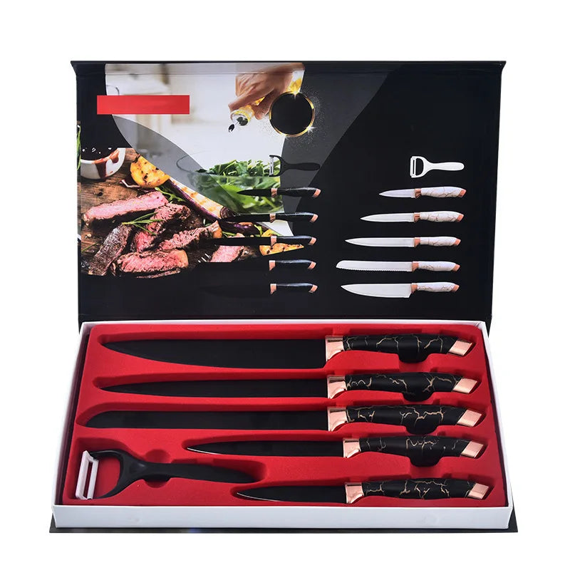6 PCS Non Stick Coating Kitchen Knife Set With Gift Box Multiple Sizes Stainless Steel Knife Set for Kitchen l'atelier des ustensiles