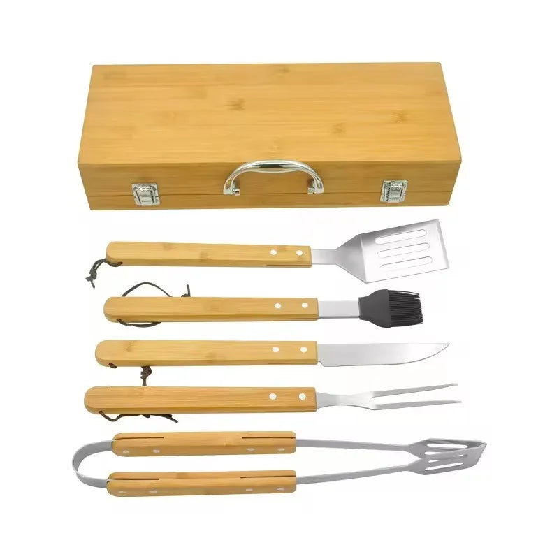 Wood Handle BBQ Tools Kit Set Barbecue Grilling Accessories Utensils Portable Bamboo Carrying Box Case for Outdoor Camping l'atelier des ustensiles