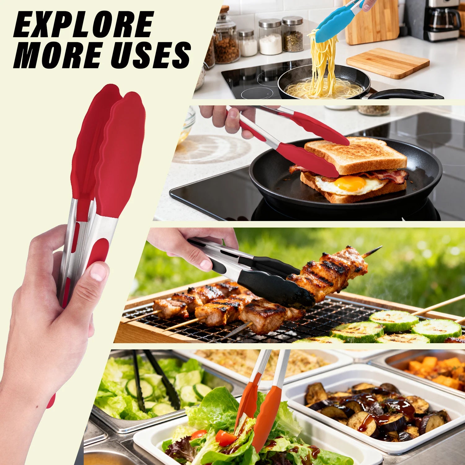 9+12 Inch Silicone Food Tong Stainless Steel Silicone Non-slip Cooking Clip Clamp BBQ Salad Tools Cooking Kitchen Accessories l'atelier des ustensiles