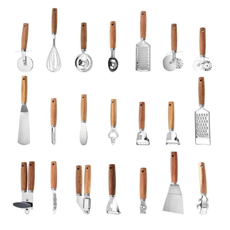Creative 9-Piece Stainless Steel Wooden Handle Kitchen Gadget Set Egg Beater Garlic Press Can Opener Baking Utensils (Food Safe) l'atelier des ustensiles