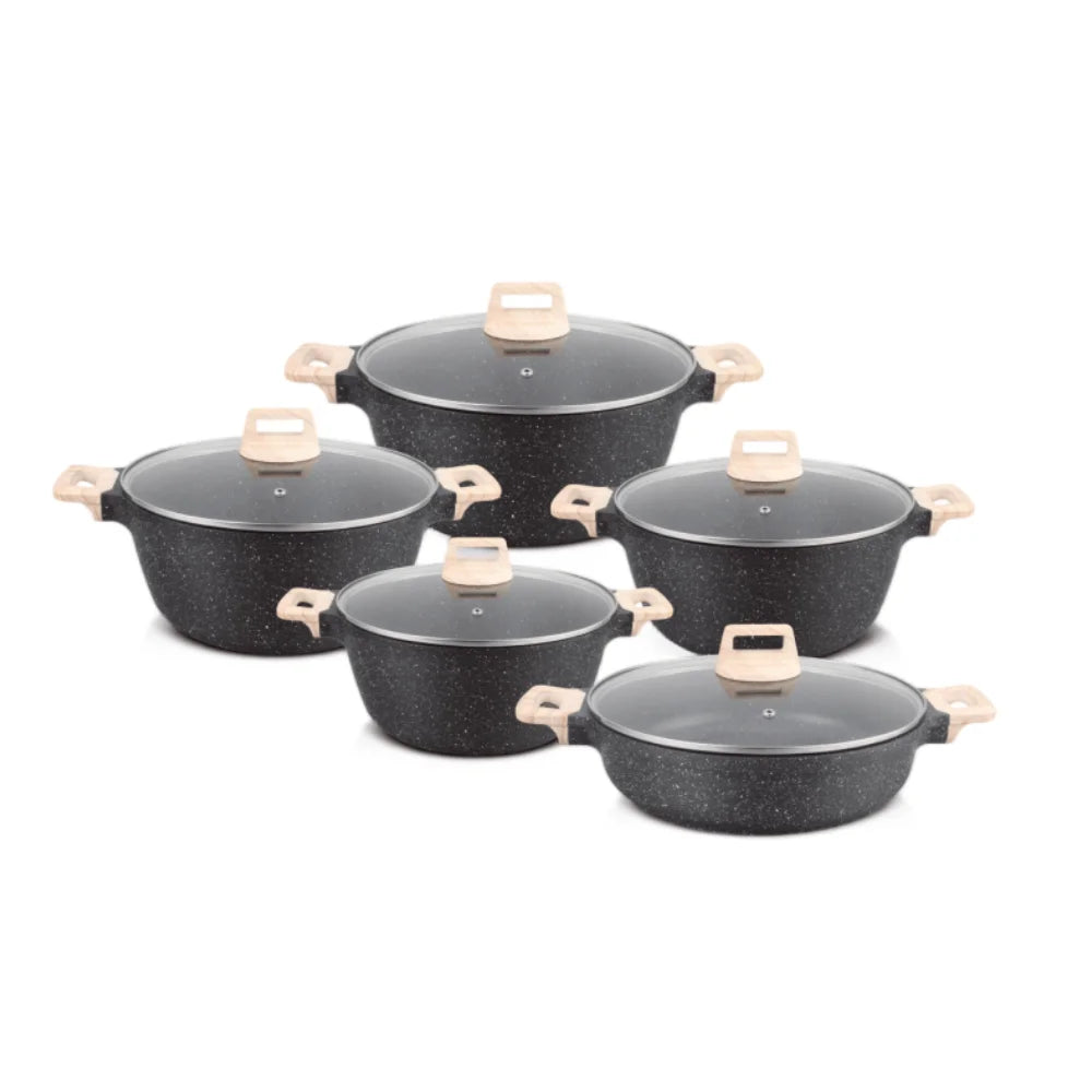 BOREINE Beige Marble Modern 10-Piece Kitchen Cookware Set Glass Cover Casserole Aluminium Deep Fry Pan  Eco-Friendly Non-Stick l'atelier des ustensiles