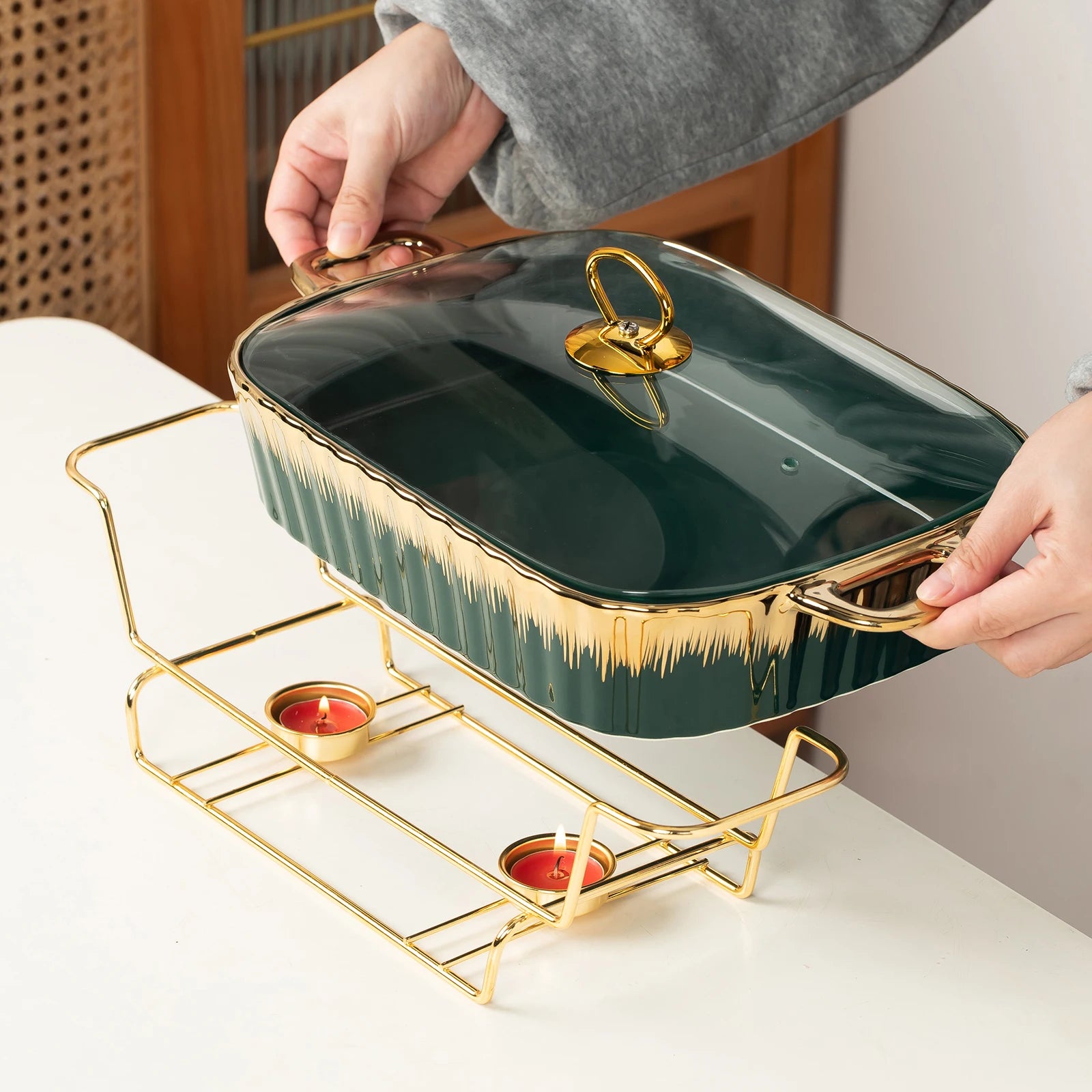 US Warehouse Rectangular Ceramic Casserole Warming Trays Gold Plating Serving Dishes for Buffet Weddings Drop Shipping l'atelier des ustensiles