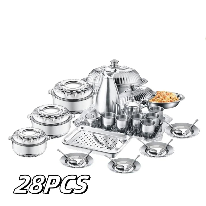 Popular Africa Kitchen Stainless Steel Cookware Set Food Warmer Container Casserole 28pcs Pot Set With Water Jug for Tableware l'atelier des ustensiles