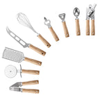 Creative 9-Piece Stainless Steel Wooden Handle Kitchen Gadget Set Egg Beater Garlic Press Can Opener Baking Utensils (Food Safe) l'atelier des ustensiles