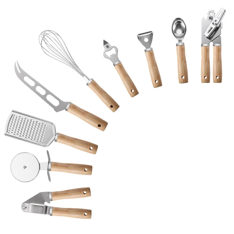 Creative 9-Piece Stainless Steel Wooden Handle Kitchen Gadget Set Egg Beater Garlic Press Can Opener Baking Utensils (Food Safe) l'atelier des ustensiles