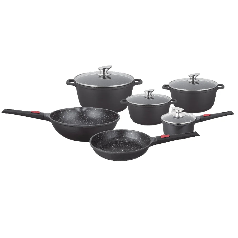 BOREINE Beige Marble Modern 10-Piece Kitchen Cookware Set Glass Cover Casserole Aluminium Deep Fry Pan  Eco-Friendly Non-Stick l'atelier des ustensiles