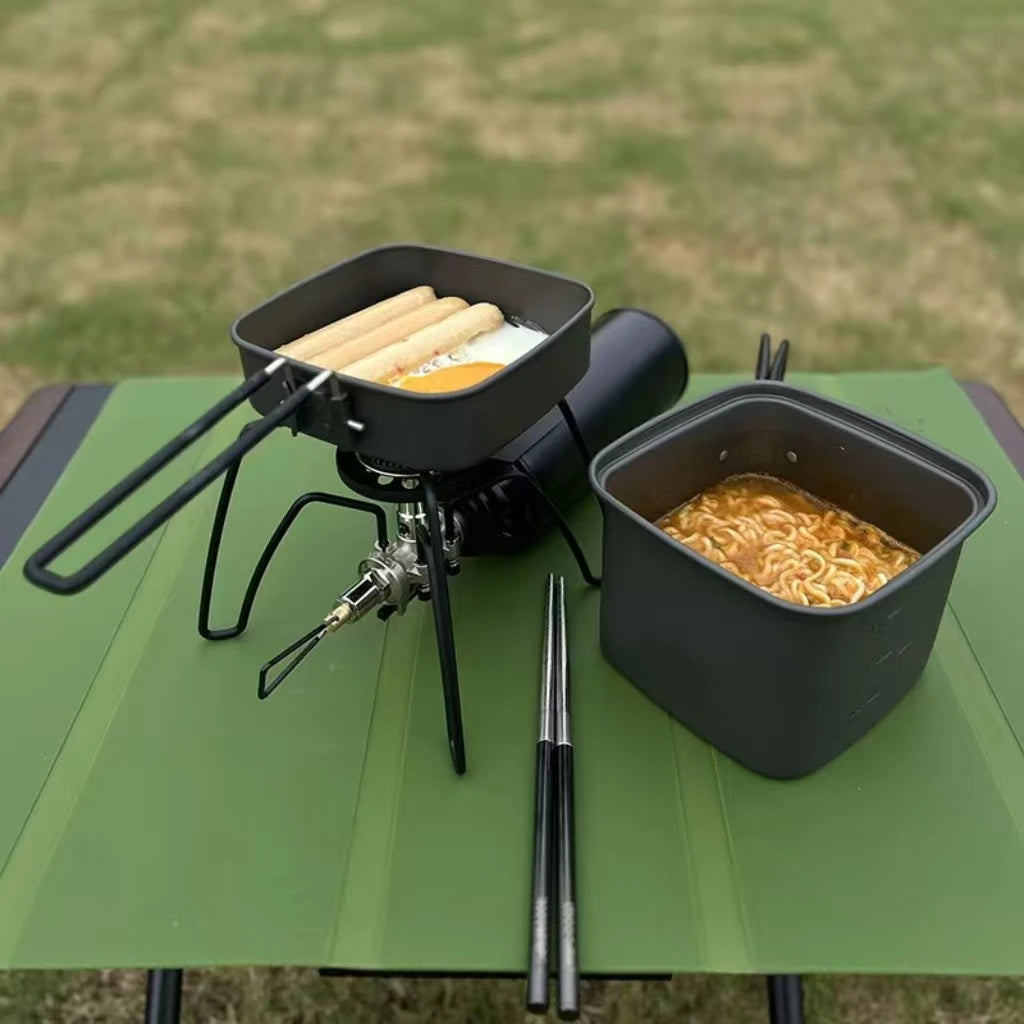 Outdoor Camping Square Pot Foldable Portable Aluminum Alloy Lunch Box Frying Pan Cooking Pot Fishing Hiking Cycling Utensil Set l'atelier des ustensiles