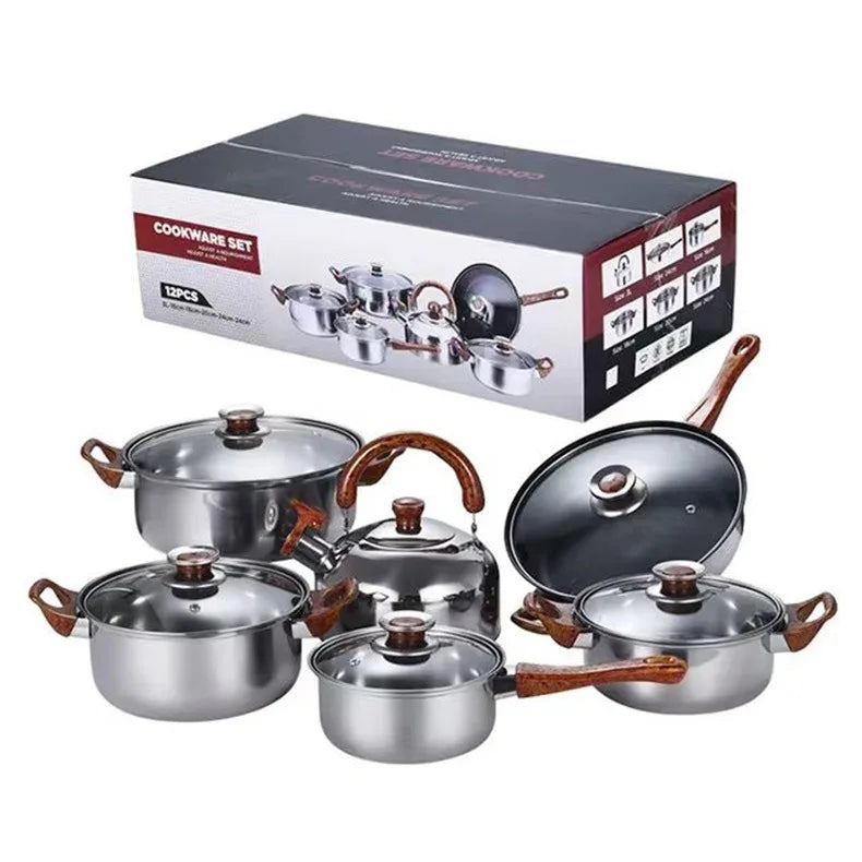 12-Piece Silver Stainless Steel Cookware Sets Wood Grain Handle Kettle Pot Combination Stockpot Frying Pan High Mirror Polish l'atelier des ustensiles