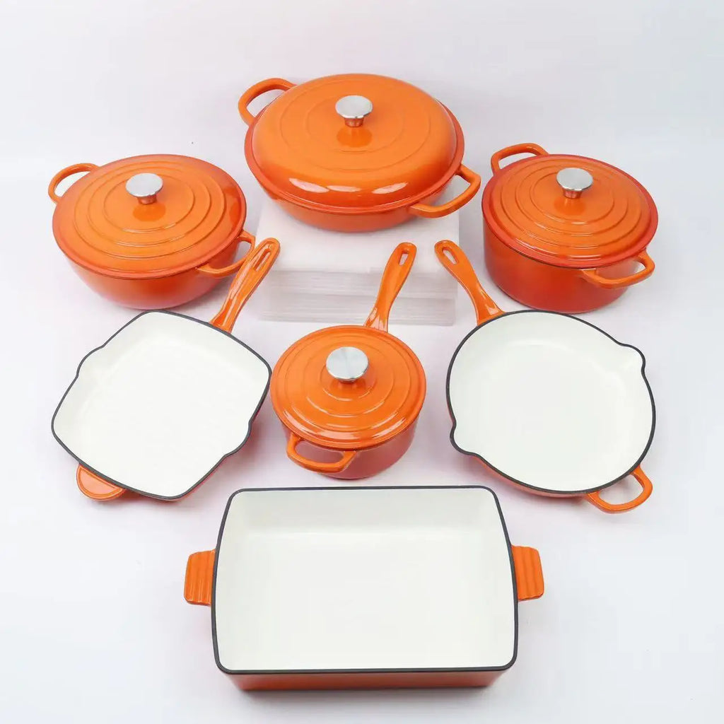 Customized 7-Piece Cast Iron Cookware Set Red Enamel Coated Kitchen Casserole Pot Durable Minimalist Metal Design Low MOQ l'atelier des ustensiles