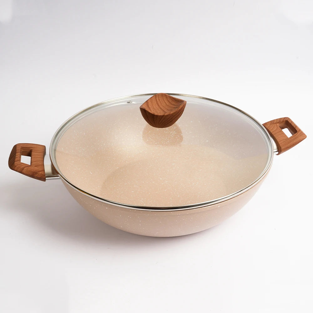 Aluminum Non-stick Deep Fry Pan Wok Casserole Marble Coating with Steamer Glass Lid Multi-functional Induction Base Cooking Pot l'atelier des ustensiles