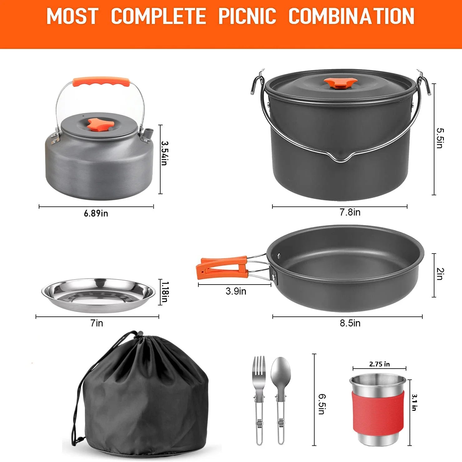 Lightweight Portable and Complete Aluminum Camping Set Multi-Use Cookware with Frying Pan, Kettle, and Utensils for Hiking l'atelier des ustensiles
