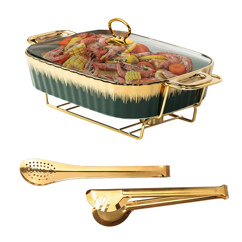 US Warehouse Rectangular Ceramic Casserole Warming Trays Gold Plating Serving Dishes for Buffet Weddings Drop Shipping l'atelier des ustensiles