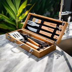 Wood Handle BBQ Tools Kit Set Barbecue Grilling Accessories Utensils Portable Bamboo Carrying Box Case for Outdoor Camping l'atelier des ustensiles