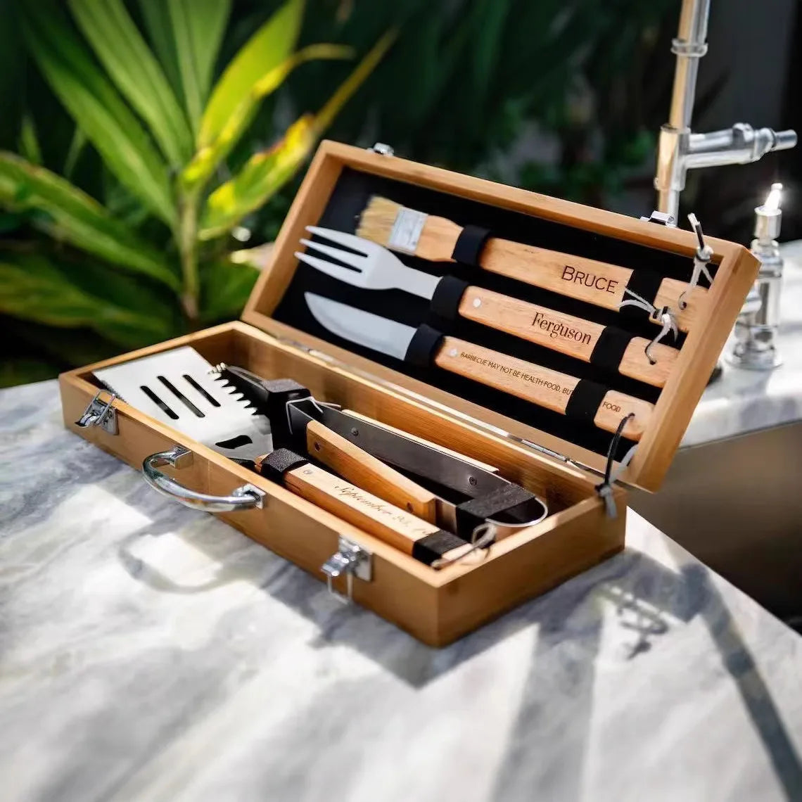 Wood Handle BBQ Tools Kit Set Barbecue Grilling Accessories Utensils Portable Bamboo Carrying Box Case for Outdoor Camping l'atelier des ustensiles